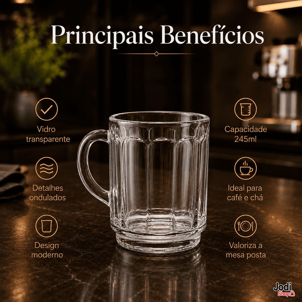 Caneca de Vidro Ondulada 245ml Elegante Para Café Chá Leite e Mesa Posta