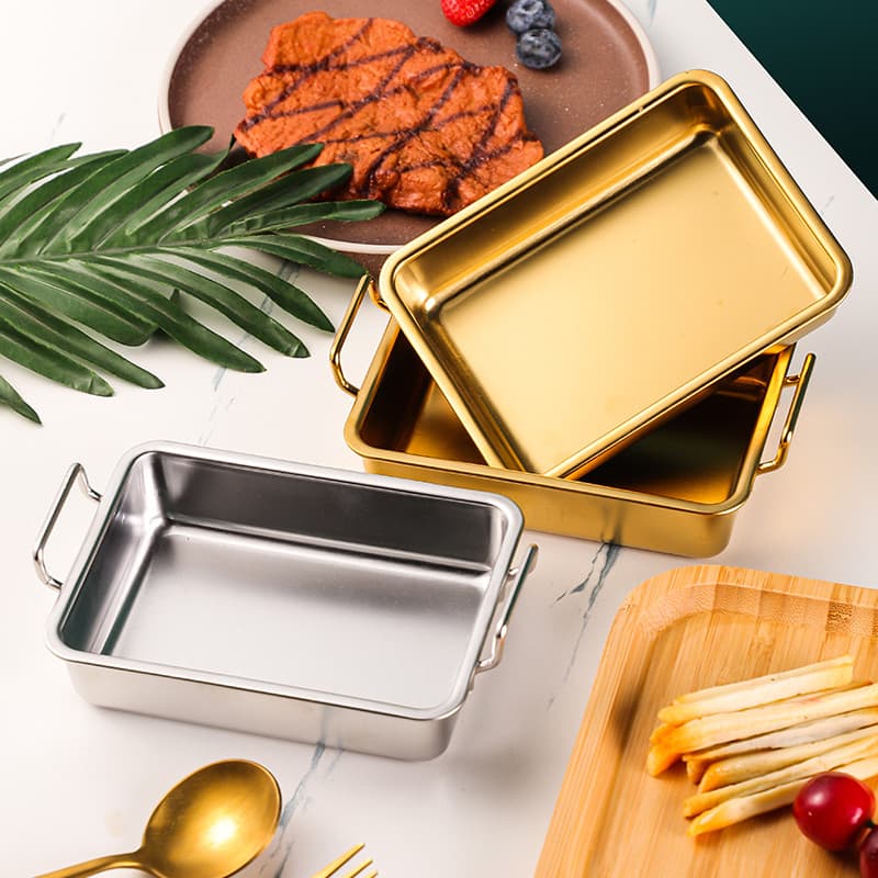 304 aço inoxidável lanche fita azul orelha criativa prato de frango frito estilo coreano retangular bandeja dourada bata
