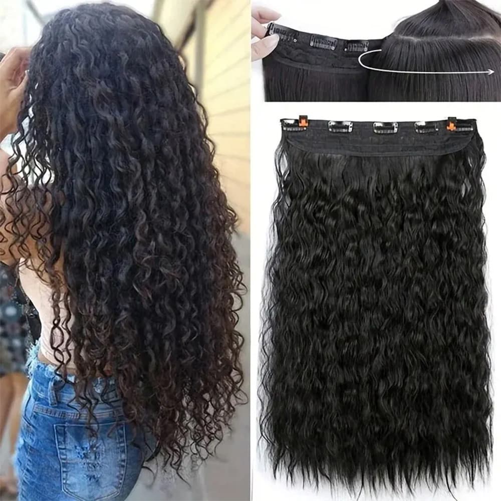 Extensões de Cabelo Cacheado de 60cm com 5 Clipes Integrados, Ondas Naturais Pretas, Peça de Peruca