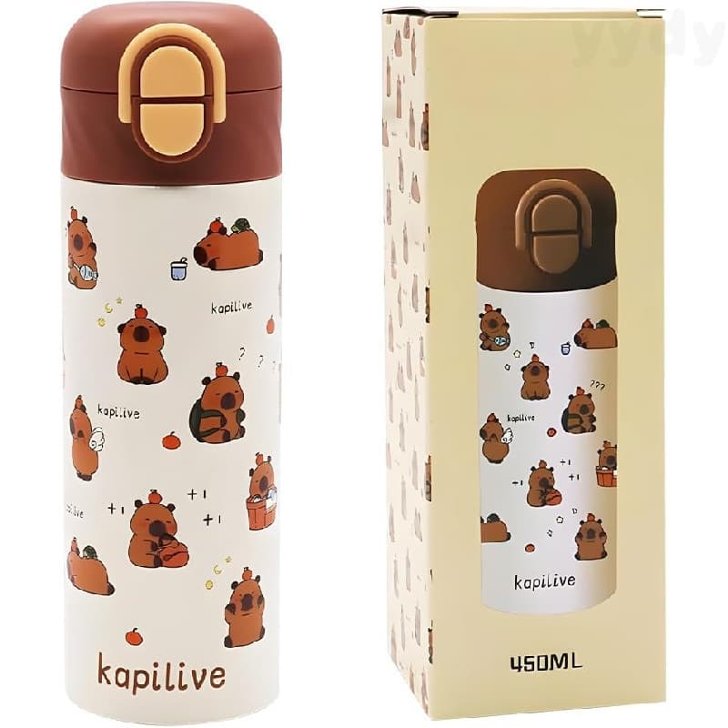 Garrafa de Água Fofa com Estampa de Capivara, 450ml/15oz, Garrafa de Água de Aço Inoxidável para Crianças, Garrafa Isola