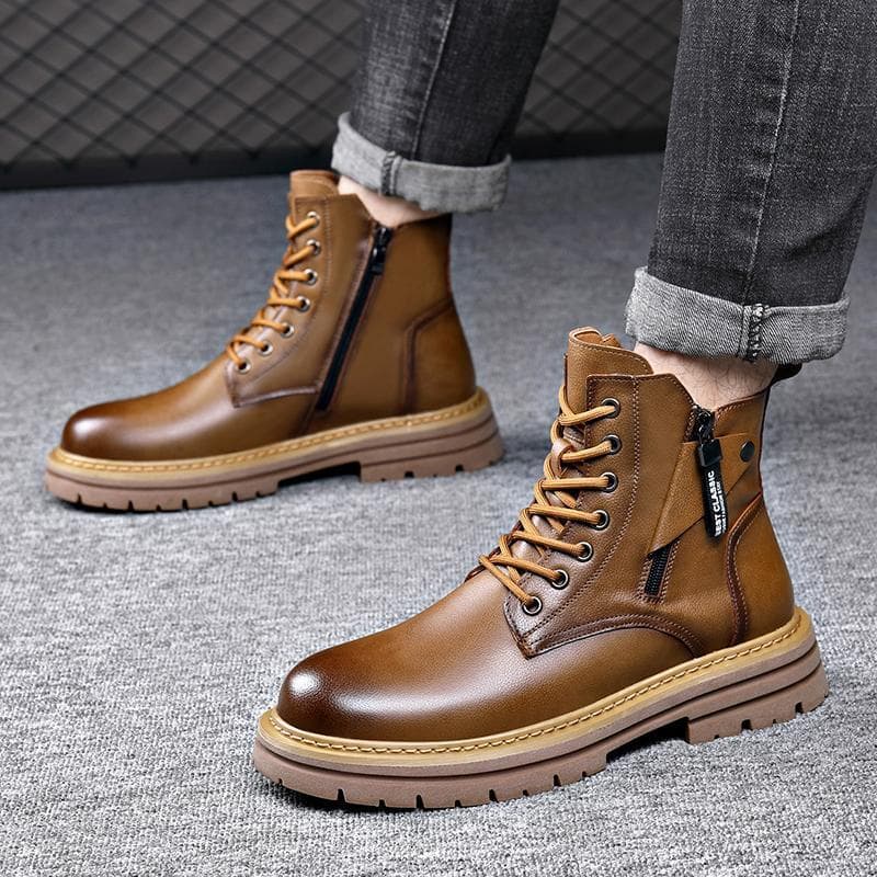 Martin botas masculinas de couro genuíno mais veludo estilo britânico aumentando botas curtas de cano baixo à prova d'ág