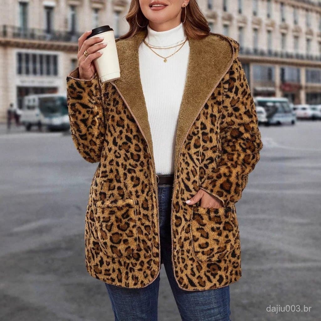 ⭐ ⭐ Novo Casaco de Pelúcia com Estampa de Leopardo para Mulheres, Outono/Inverno 2025, com Capuz, Corte Solto, Quente e