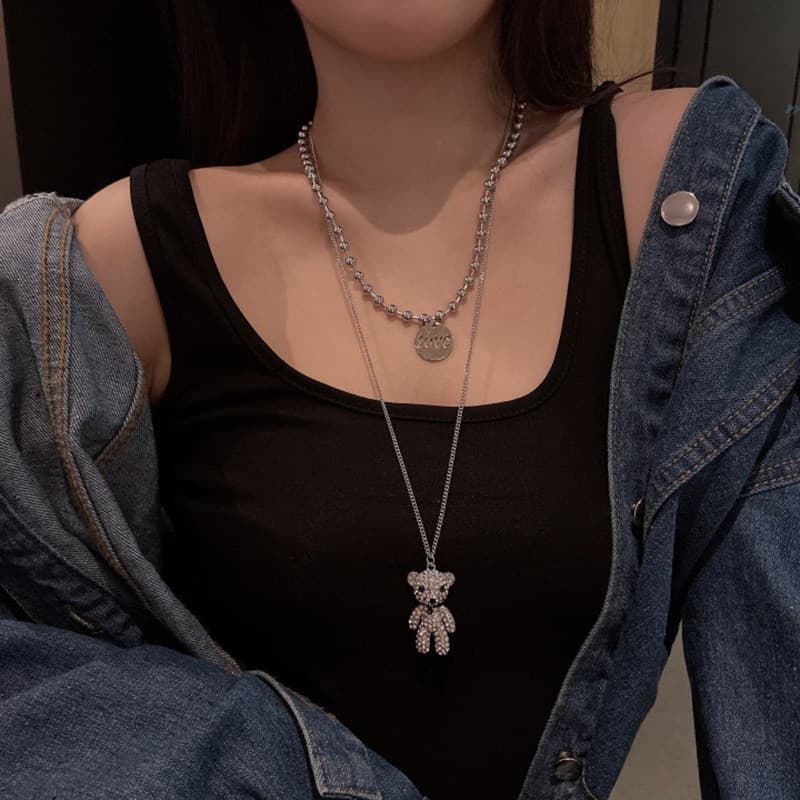 colar aço inoxidável colar Corrente de suéter Hip-Hop influenciador feminino de urso de camada dupla empilhada