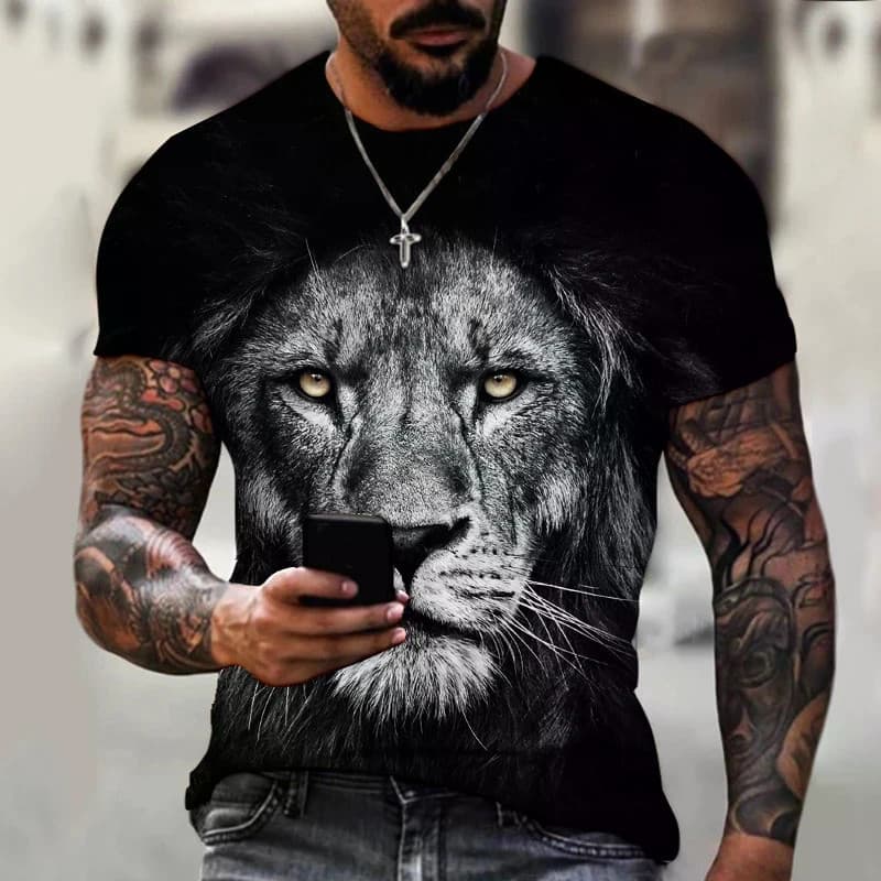 Verão Masculino Em Torno Do Pescoço Camiseta Moda Impressão 3D Leão Padrão Lazer Tendência Novo Topo Rua Harajuku
