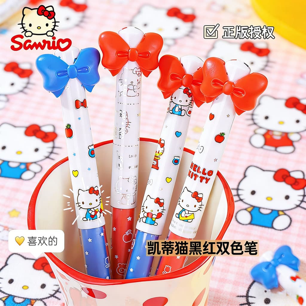 Genuíno HelloKitty Bow Caneta Gel de Duas Cores Bonito Dos Desenhos Animados Estudante Papelaria Criativa Imprensa Canet