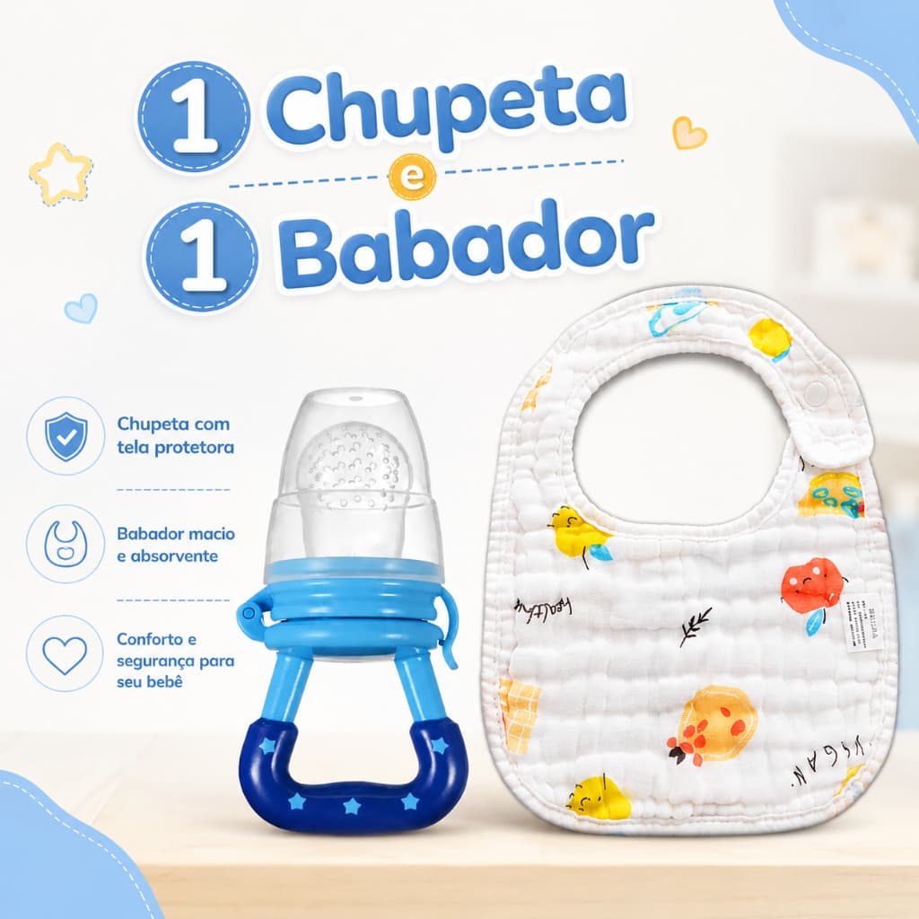 Kit Alimentação Chupeta Mordedor Frutas e Babador em forma de U Infantil bebê introdução Alimentar