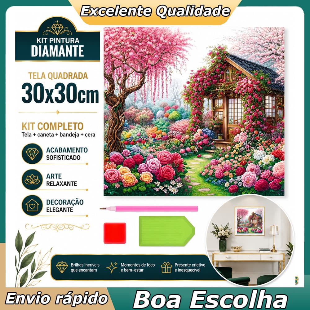 Quadro Decorativo Casinha com Diamantes Quadrados 30x30cm
