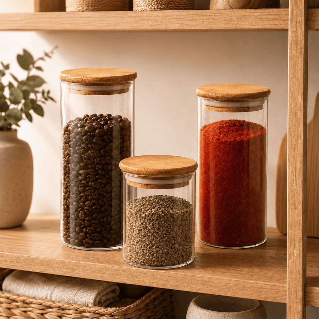 Kit 3 Potes Vidro Herméticos Tampa Bambu Porta Mantimentos Temperos Organizador Cozinha CHEF D