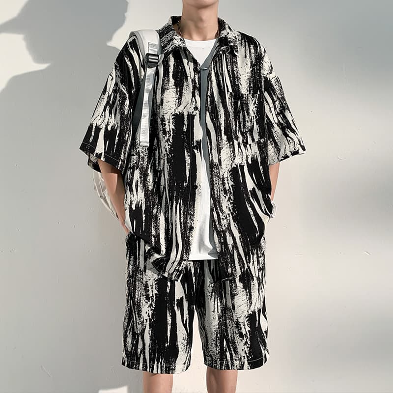 Tinta Tie-Dye flor camisa masculina de manga curta 2024 verão novo estilo chinês camisa de seda gelo novo estilo chinês