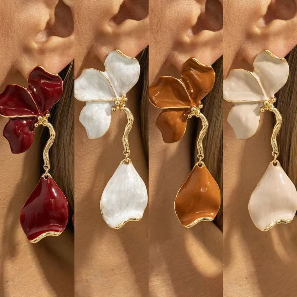Brincos de pétalas com franjas e flores em forma de gota de óleo vermelha, estilo festivo único, estilo europeu e americ