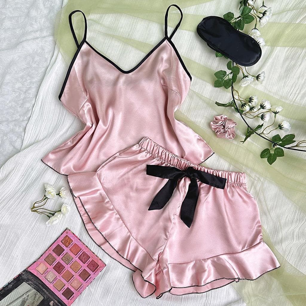Conjunto de pijama feminino para casa: conjunto de duas peças em cetim de seda gelada, composto por camisola e shorts N1