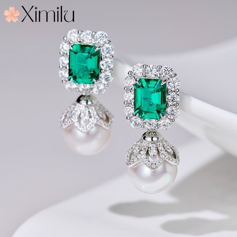 ❤ Original venda quente novo produto esmeralda turmalina pérola cheio de diamante brincos feminino princesa quadrado dia