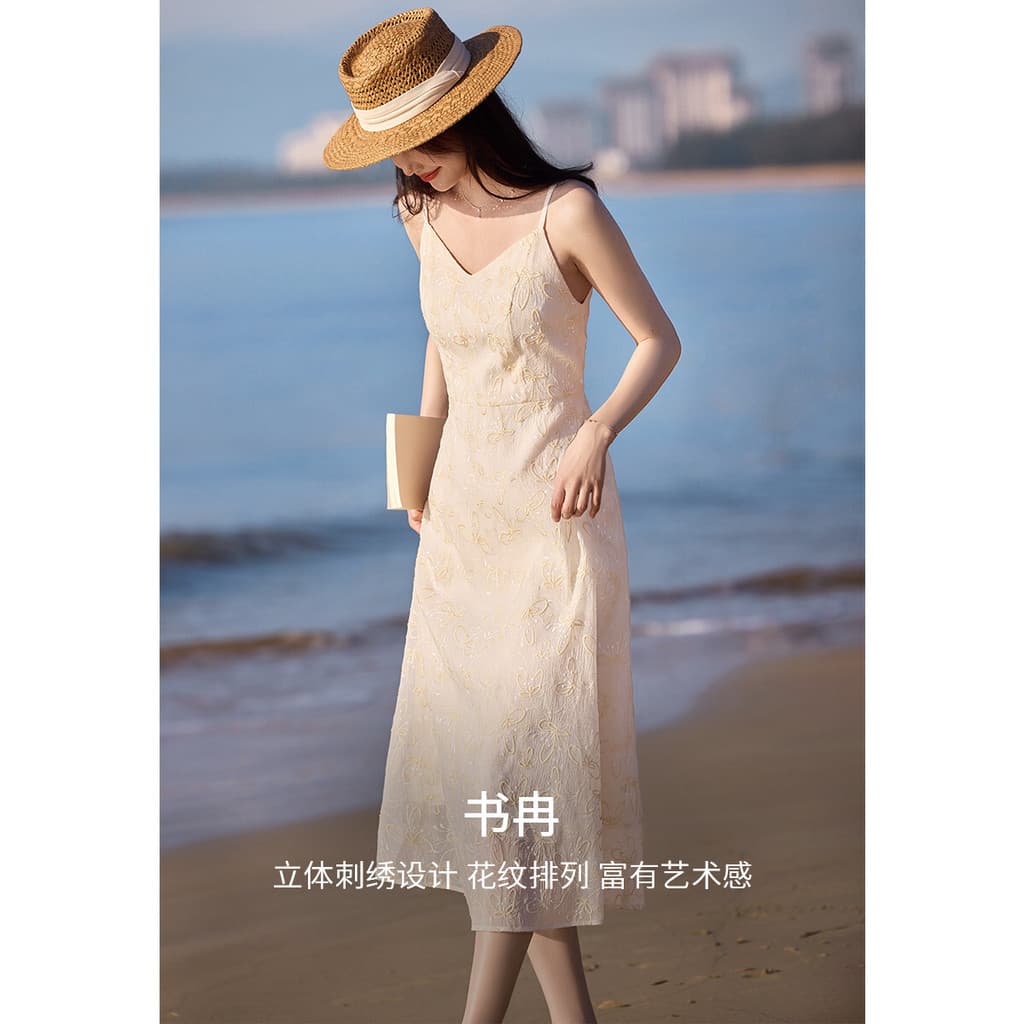Vestido tipo estilingue elegante bordado anual verão férias estilo vestido de fada
