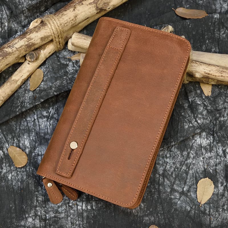 Retro masculino artesanal carteira de primeira camada carteira de couro genuíno masculino longo zíper louco cavalo embre