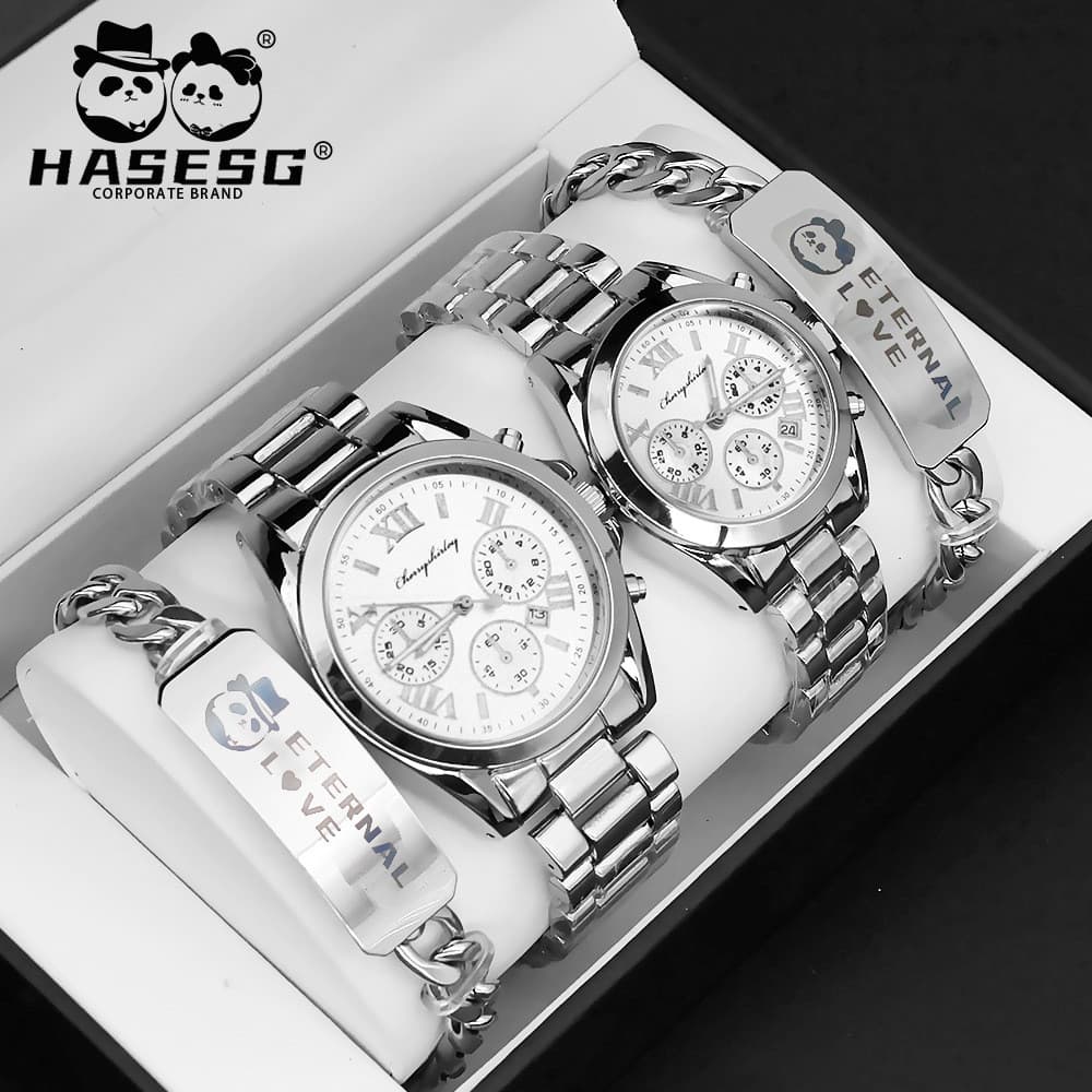 Par Relógio Presente Casal Pulseira De Aço Inoxidável Conjunto Caixa De