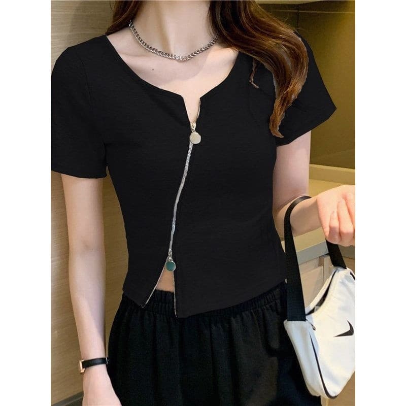 95% algodão de manga curta camiseta feminina verão novo estilo Diagonal zíper Design sentir nicho esquema fino-ajuste ma