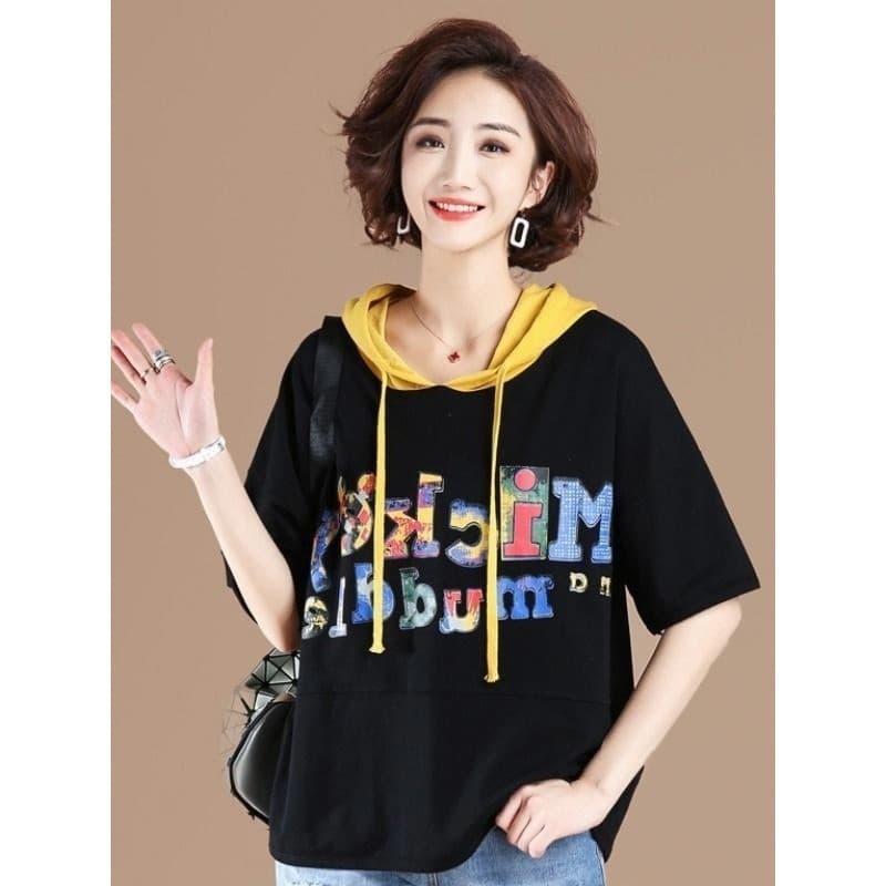 Contendo algodão impresso com capuz camiseta moletom feminino 20263 verão versão coreana solta tamanho grande capa barri