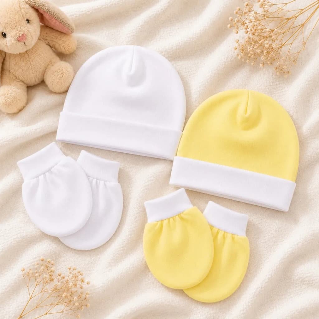 Kit 2 Toucas 2 Luvas Bebê Saída Maternidade Algodão Confort Amarelo E Branco Único