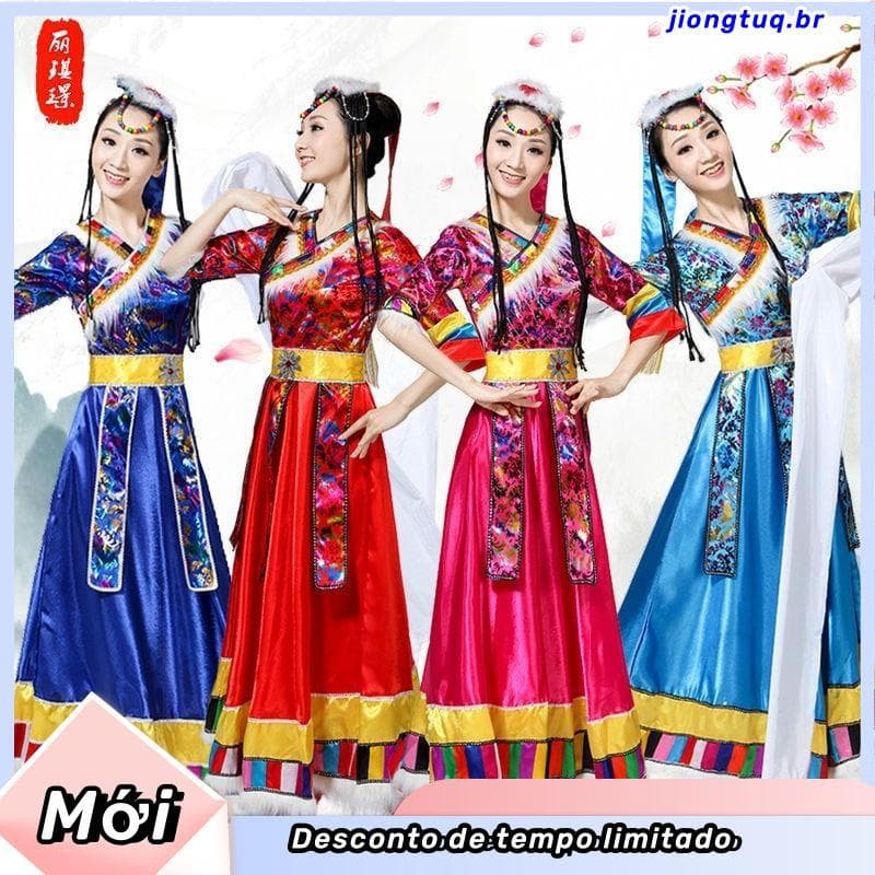 Traje de dança tibetana minoria traje étnico traje de palco traje de desempenho tibetano saia de dança quadrada adulto m