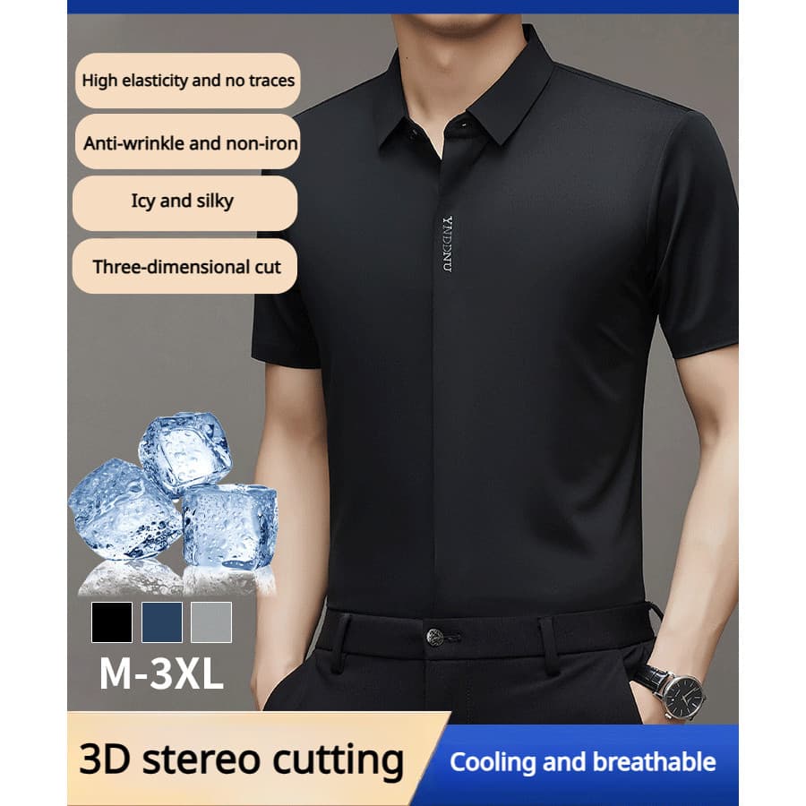 【Confortável】Men's Ice Silk Short Sleeve Shirt/Camisa Masculina de Verão/Respirável/Para Trabalho/Moda Masculina