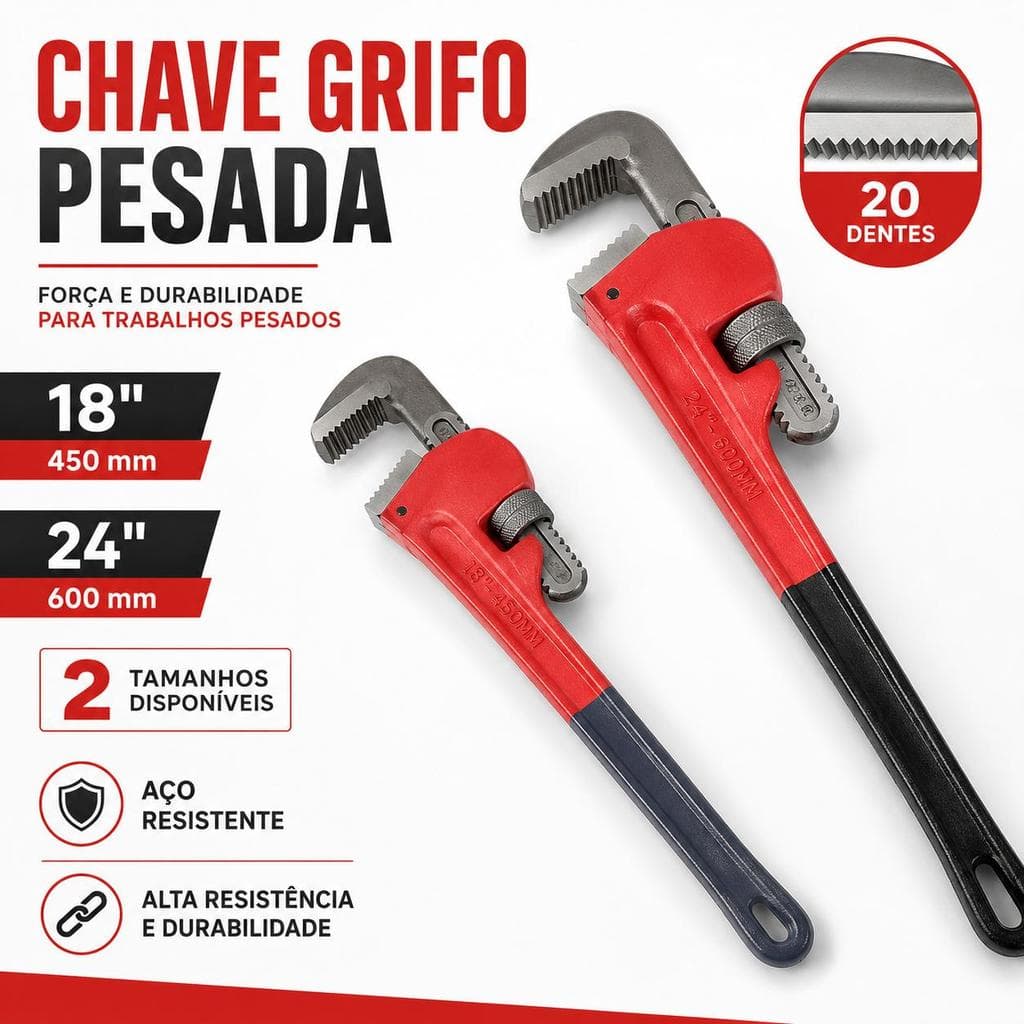 Chave Grifo Pesada 18” 450 mm e 24” 600 mm em Aço, Chave para Tubos com 20 Dentes, Ajuste Preciso para Encanamento e Tra