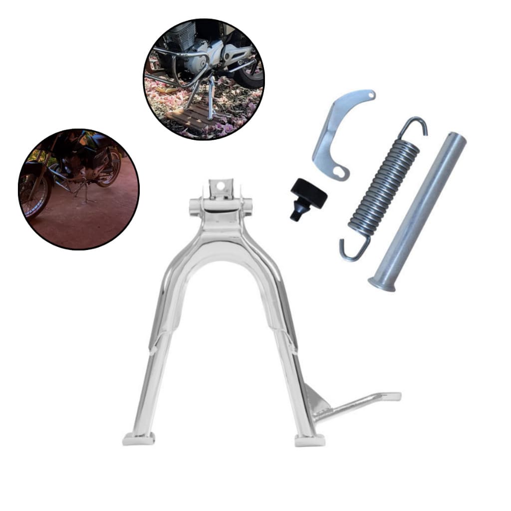 Cavalete Central Tripé Cromado Titan Cg Fan 150 Todas + Kit fixação Completo Parafusos Molas e Pinos