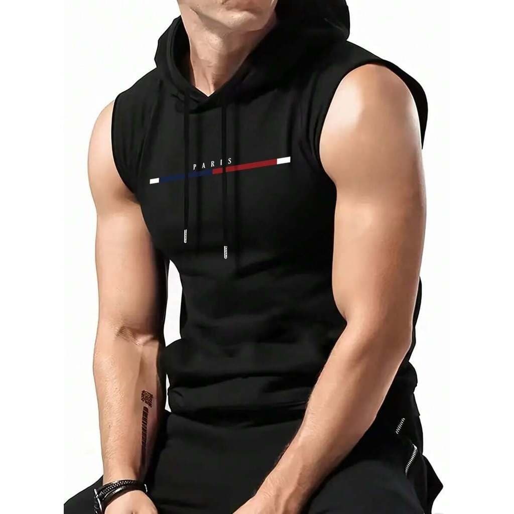 Camiseta Regata com Capuz Masculina Estampada Paris Blusa Cavada Verão Academia
