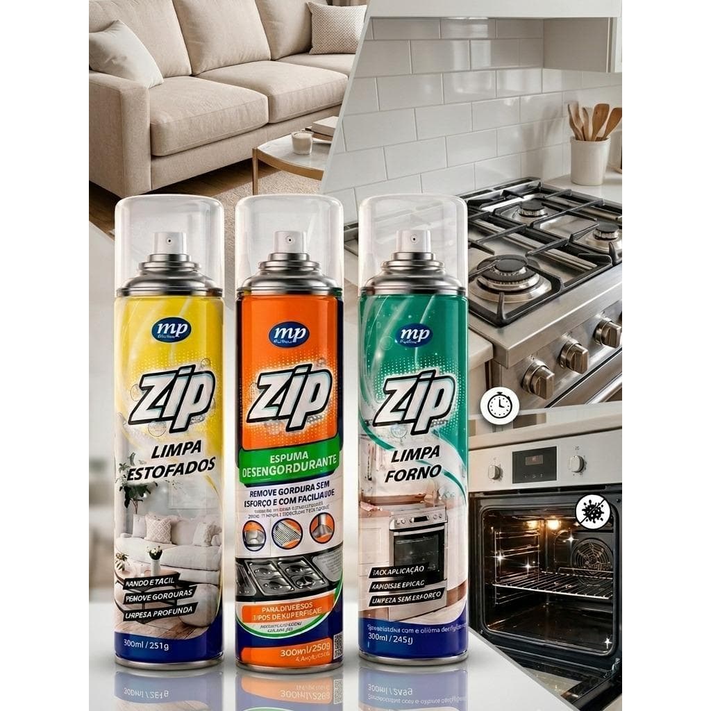 Kit Limpeza Pesada Zip Clean 300ml: Limpa Estofados + Espuma Desengordurante + Limpa Forno Limpeza Fácil e sem Esforço