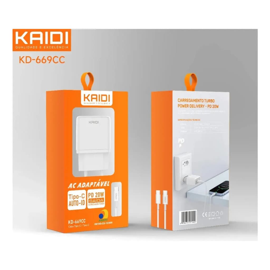 CARREGADOR  AC ADAPTAVEL KAIDI KD - 669CC 20W 2 Cabos Tipo C Turbo