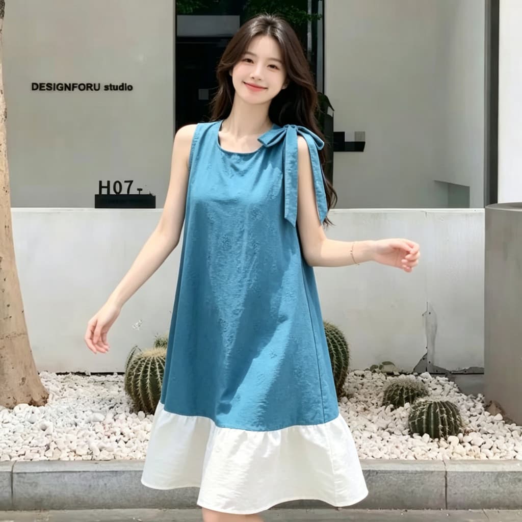 Lake Blue Jacquard Sem Mangas Lace-Up Solto Slimmer Look Vestido Saia Curta