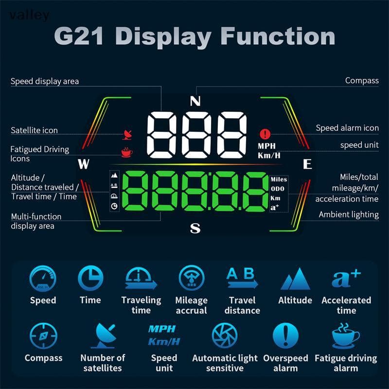 [VLY] G21 HUD GPS Velocímetro Digital Para Carro Display Head-Up Grande Fontpass Tempo Alarme De Excesso De Velocidade T