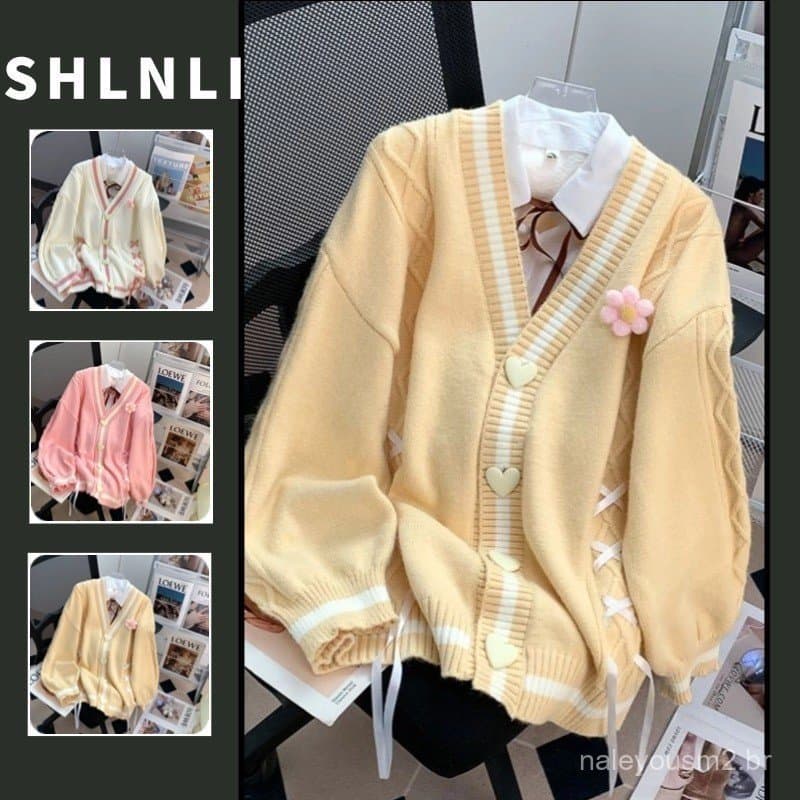 Suéter Feminino Estilo Universitário com Flor Tridimensional e Botão em Forma de Coração, Decote em V, para Outono e Inv