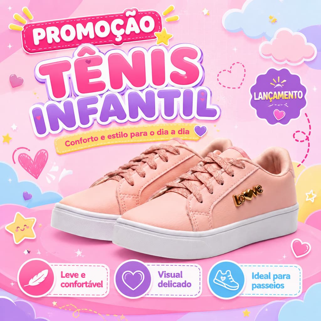 Tênis Infantil Feminino Menina Solado Branco Modelo Urbano Confortável E Versátil