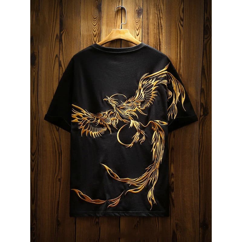Novo estilo chinês meia manga em torno do pescoço de manga curta branco solto tamanho grande Phoenix bordado camiseta ma