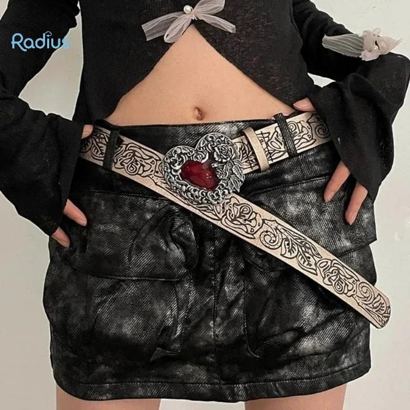 Raio Gótico Punk Couro Y2k Cinto Para Mulheres Metal Vermelho Pêssego Coração Bule Cintura Cinta Jeans Decorativo Acessó