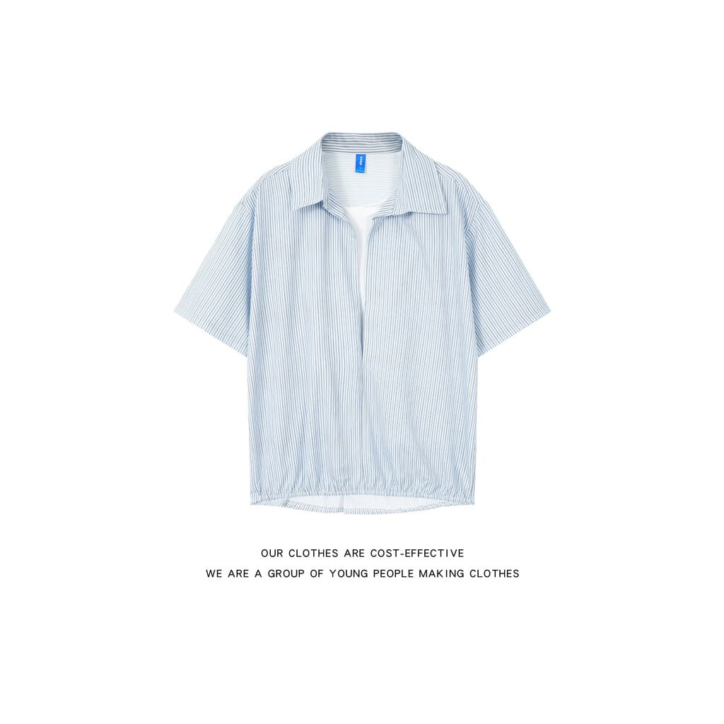 Azul branco listrado falso de duas peças camisa de manga curta masculina verão estilo Retro americano em camadas camiset