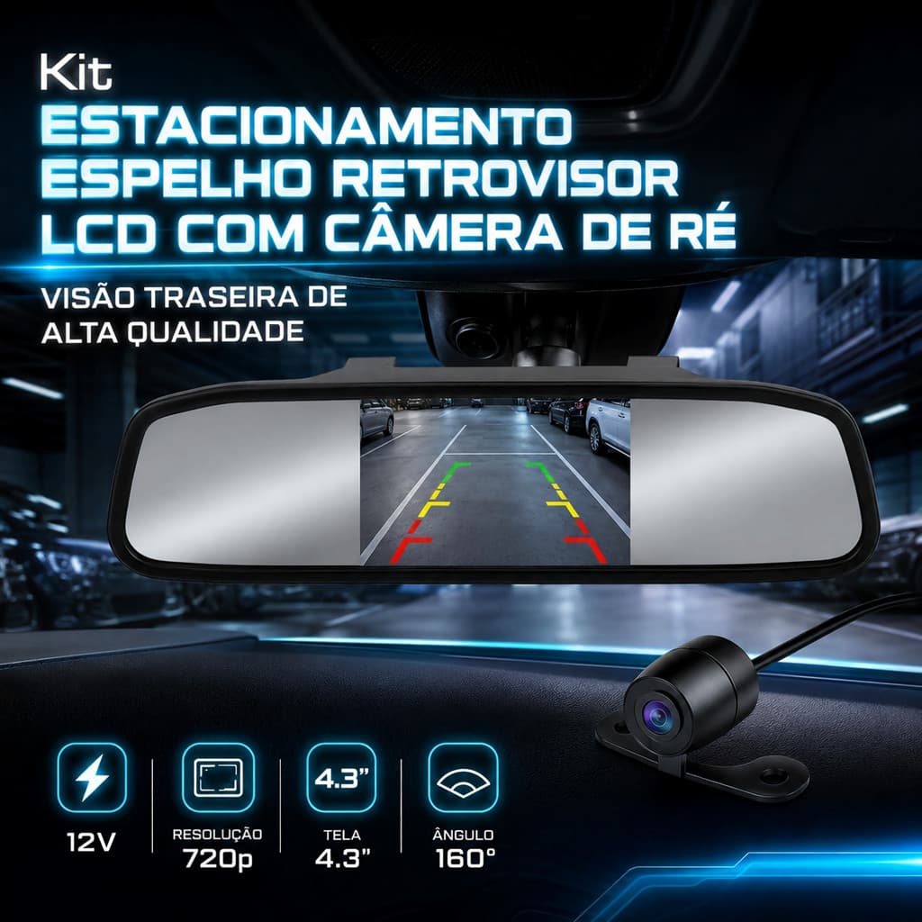 Kit Retrovisor Veicular Com Tela LCD + Câmera de Ré Universal Para Carro