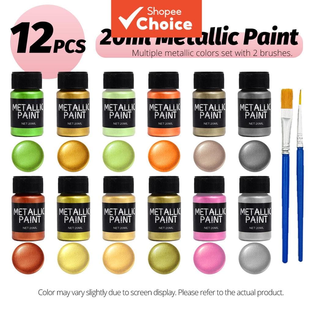 Conjunto de Tintas Metálicas AGR 20 ml x 12 Cores com 2 Pincéis para Pintura em Tela, Madeira e Pedras, DIY Artesanato