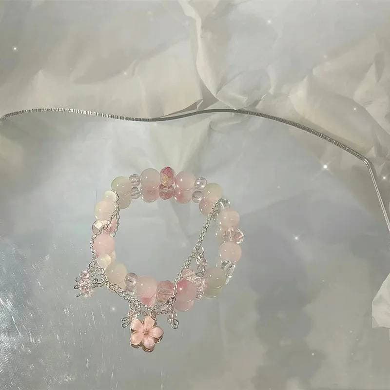 # weicheng Moda Doce Pequena Flor De Pêssego Frisado Pulseira Pingente Para Mulheres Meninas Luz Luxo Elástico Jóias Ace