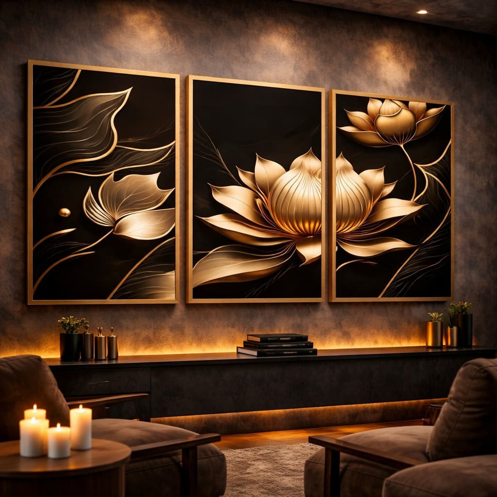 Quadros Decorativo Trio Flor Lotus Neutra Abstrata Dourada Sala Quarto