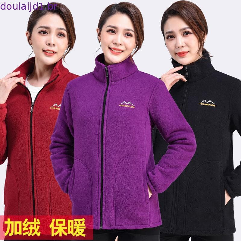 Roupas Femininas de Meia Idade Primavera e Outono Cardigã de Fleece Espesso Jaqueta Casual Plus Size Casaco de Fleece pa