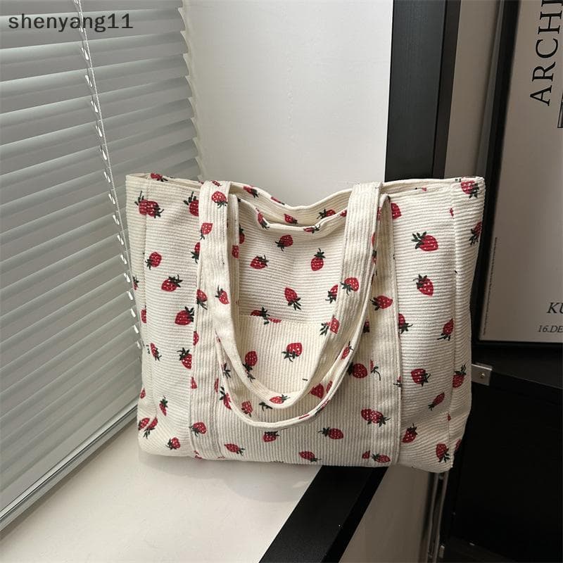 shen Forest Fresh Corduroy Bolsa Morangos Doce Versátil De Ombro Grande Capacidade Commuter Feminina yang