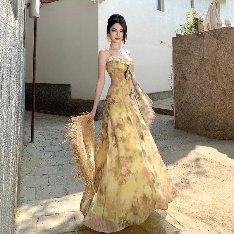 2026 verão novo estilo férias estilo tubo superior saia longa impressa saia Halter vestido estilo brilhante