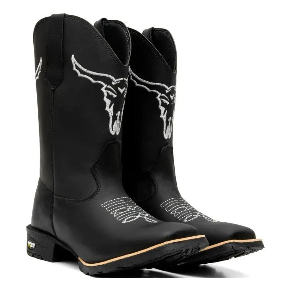Bota Masculina Texana Couro Bordada Preta Touro