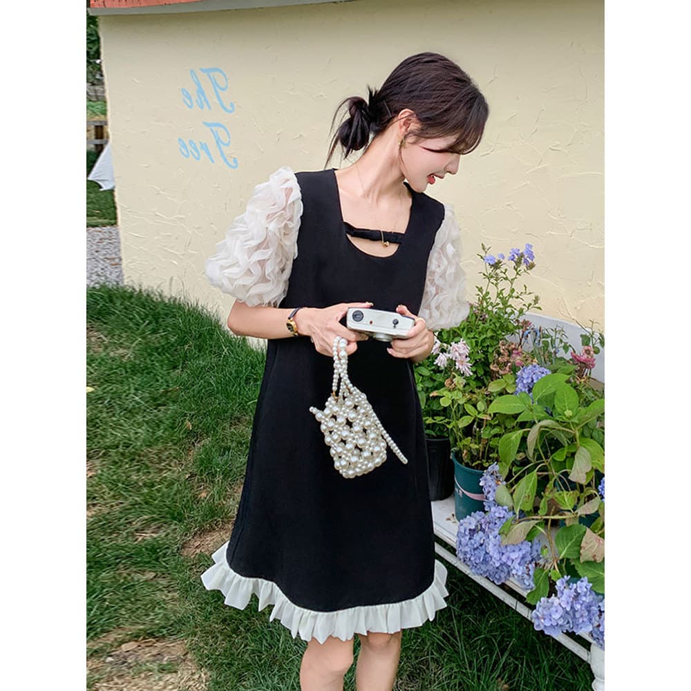 Preto francês branco vestido de renda feminino saia média 2026 verão novo estilo versão coreana estilo Pastoral manga bu