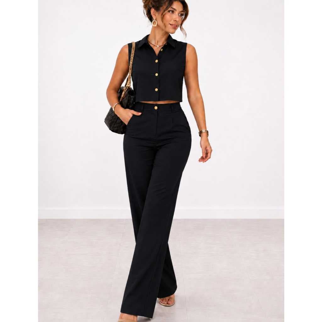 Conjunto Alfaiataria Feminino Clássico Calça Pantalona + Colete Sem Mangas Elegante
