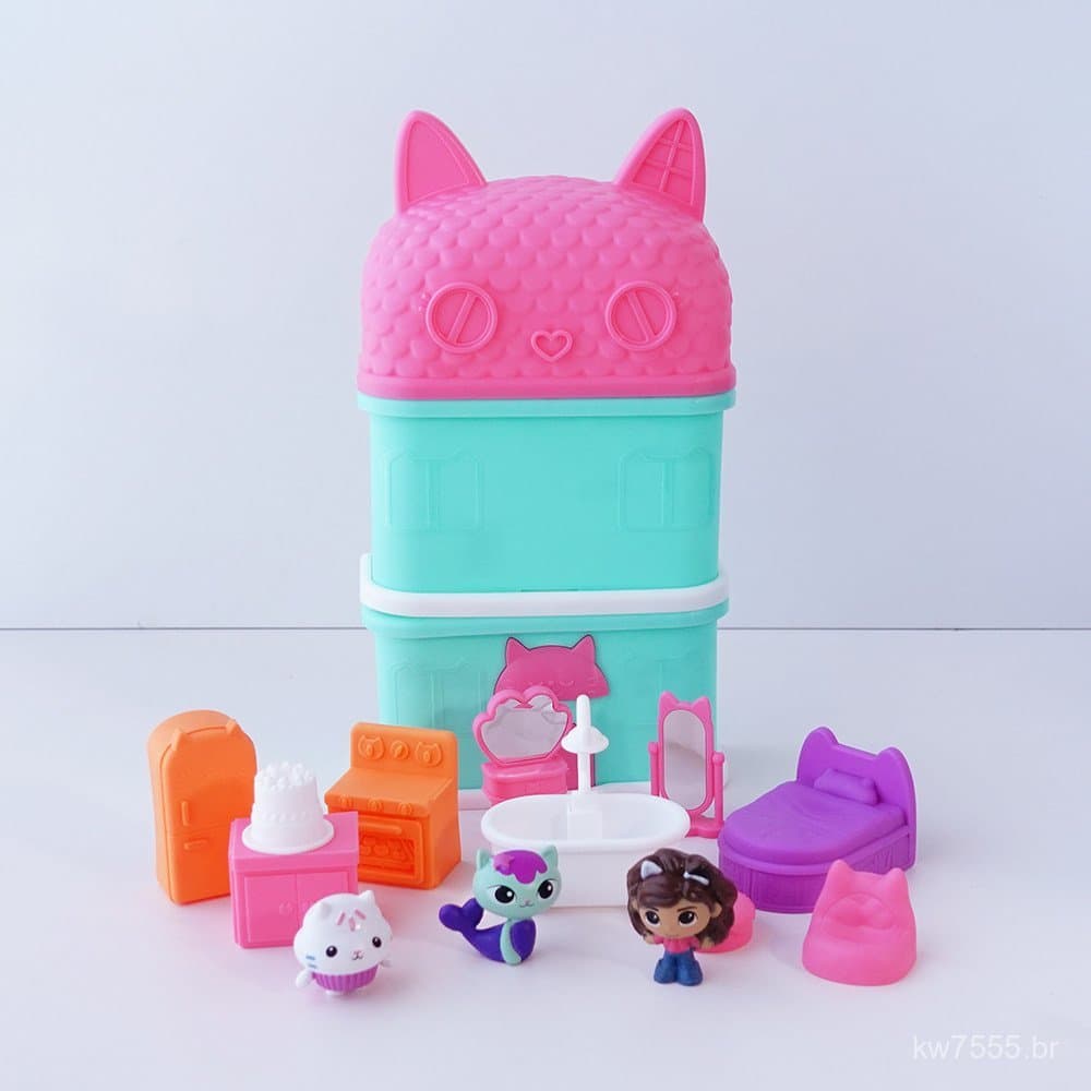Castelo de animação com tema de casa de bonecas da Gabby, com quarto e banheiro, brinquedo de faz de conta para meninas.