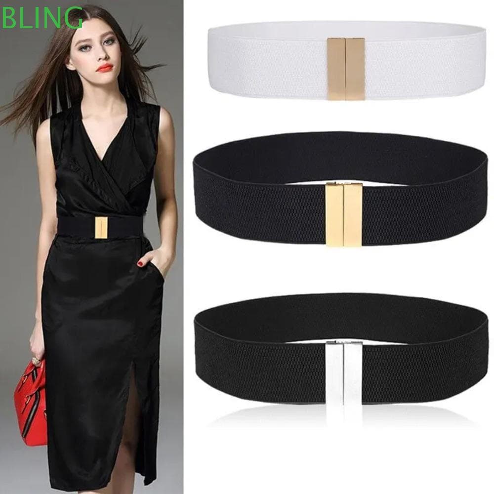 BLING Estiramento Cinch Cintura , Cinto Elástico Com Fivela De Metal Largo De Cor Sólida Para Baixo Casaco