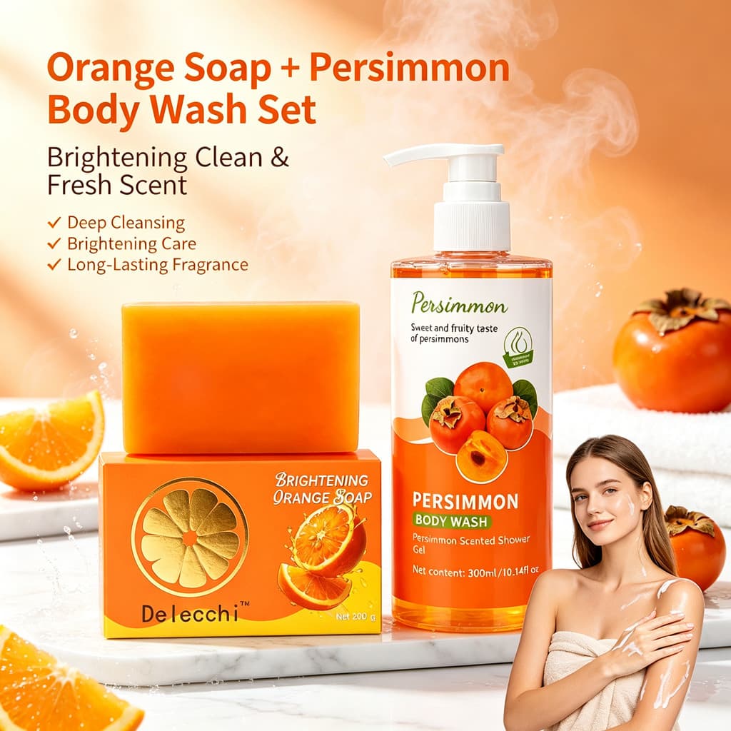 Sabonete Laranja Iluminador 200g E Líquido De Caqui 300ml Conjunto Kit De Banho Suave Hidratante De Limpeza Profunda