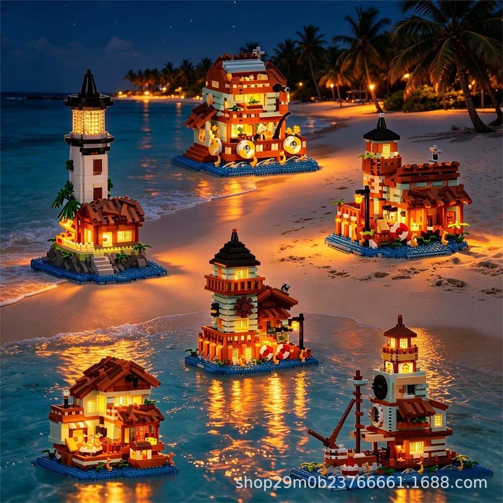 Novo produto⭐Balde de construção cabana casa farol vista de rua blocos de construção crianças brinquedos educativos deco